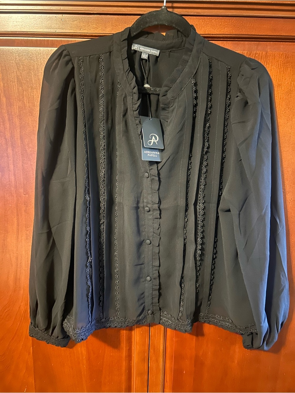 Adrianna Papell Black Ruffle & Lace-Trim Button Front Blouse NWT Size L